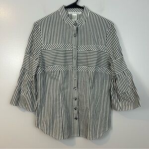 DVF Grey/White Striped Button Down Top w/ Flounce Sleeves Size 10
